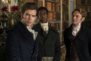 Luke Newton as Colin Bridgerton, Jorden Myrie as Lord Stanton, Joe Barnes as Lord Wilding in episode 304 of Bridgerton