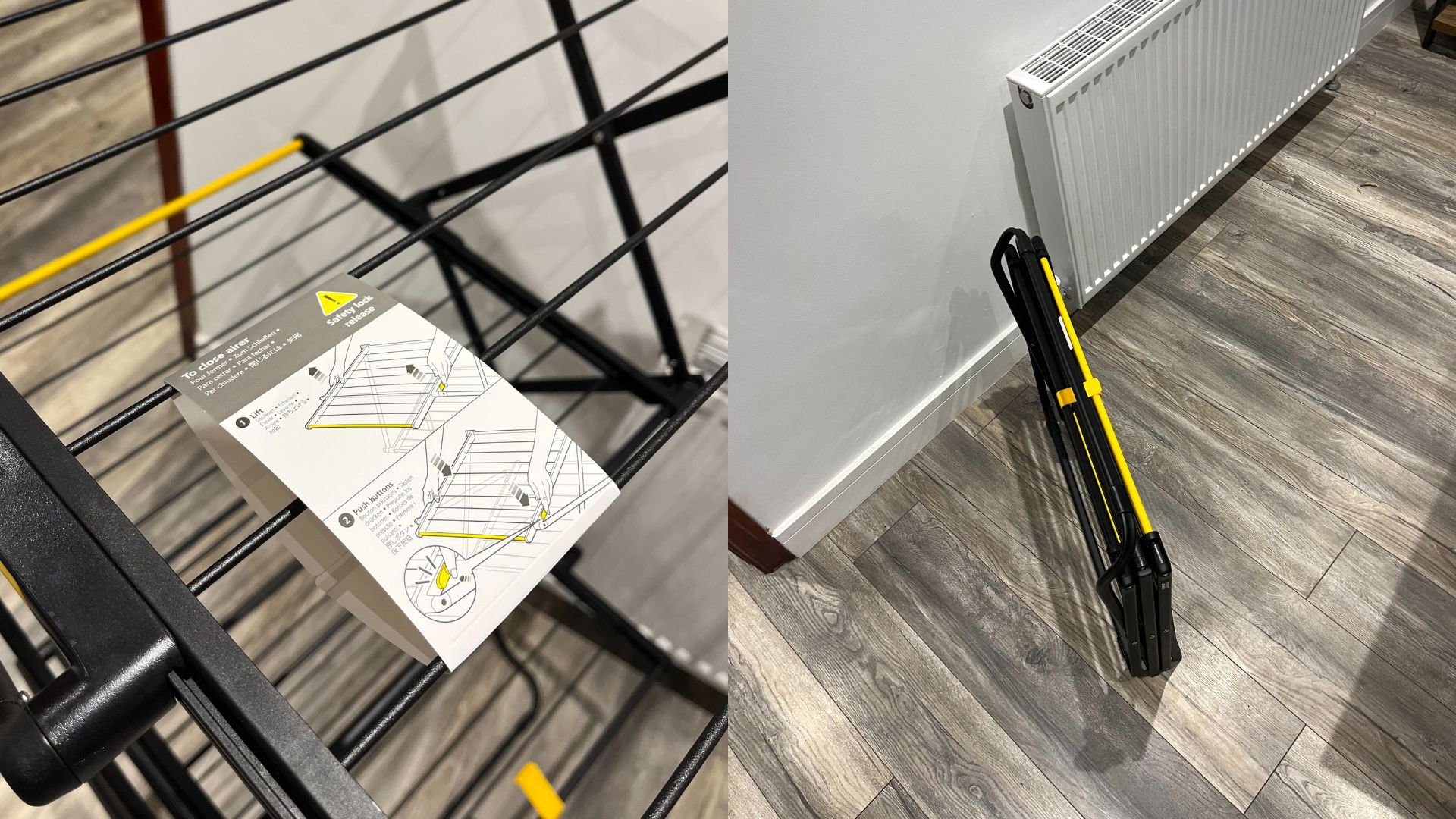 composite of two images showing close of up airer safety lock and it folded away