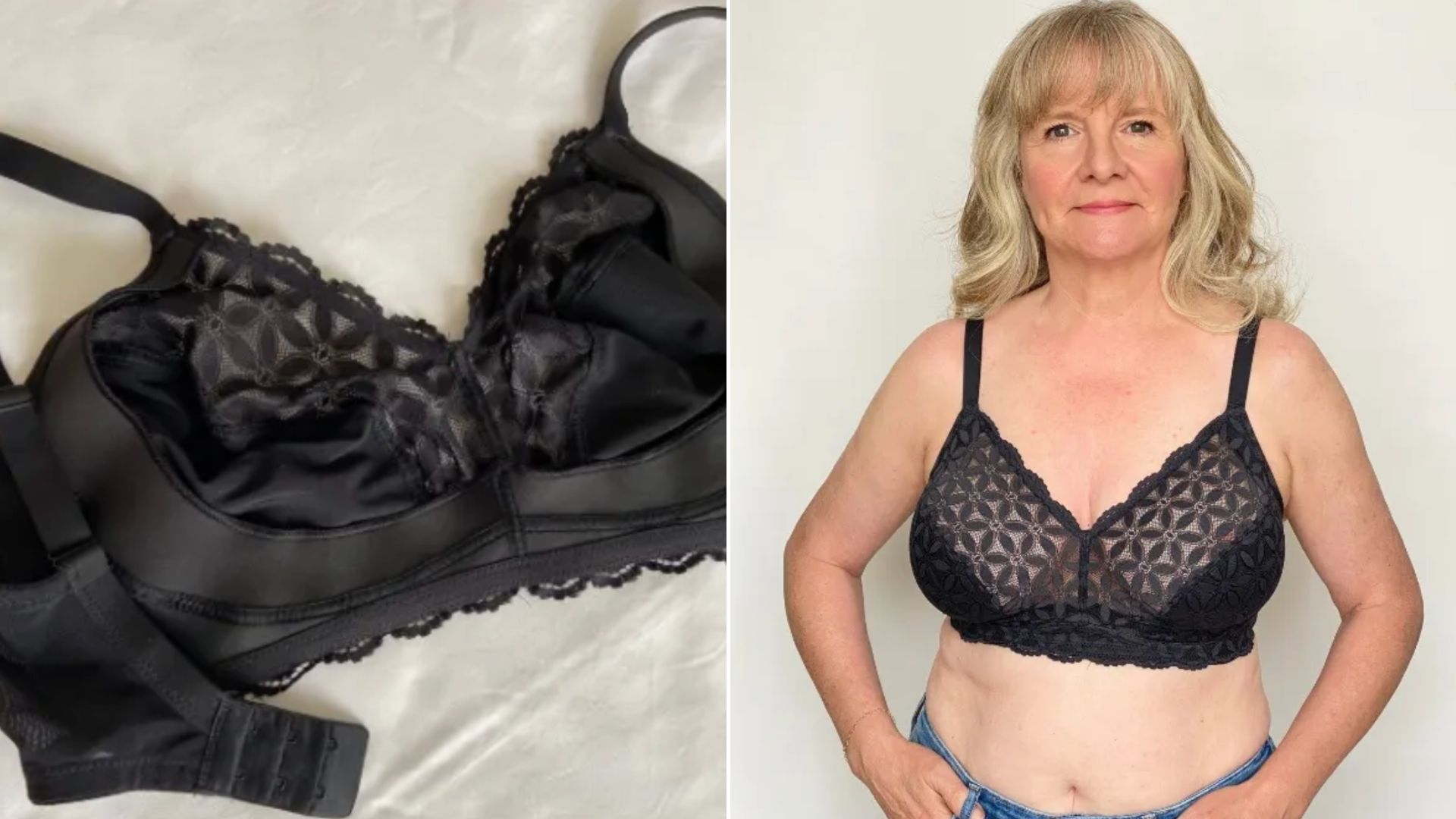 Two images of Julie Player wearing the M&amp;amp;S Lace Non-Padded Bralette F-H