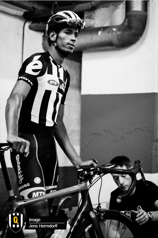 Daniel Teklehaimanot gets some last minute work on his bike