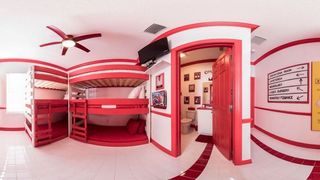 Red, Pink, Interior design, Room, Ceiling, Architecture, Building, Design, Material property, Photography,
