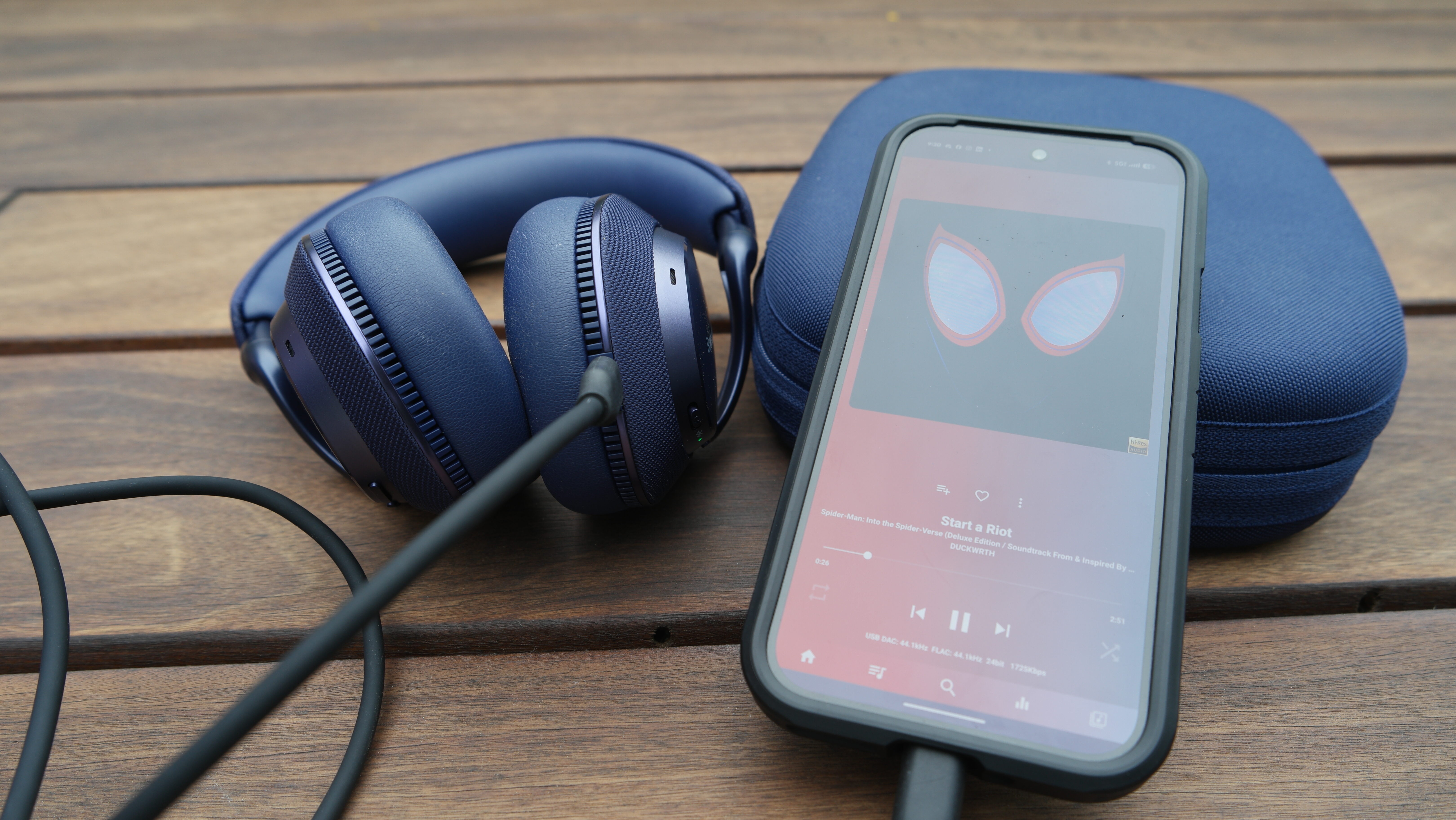 Bowers & Wilkins Px7 S3 connected to a Google Pixel 9 via the included USB-C to USB-C cable