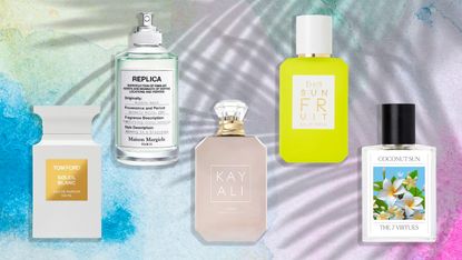 product collage of coconut perfumes from maison margiela, tom ford beauty, kayali, the 7 virtues, and ellis brooklyn