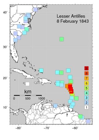 A "Did you feel it" map created for the 1843 Lesser Antilles earthquake, based on historic reports, by Susan Hough of the U.S. Geological Survey.