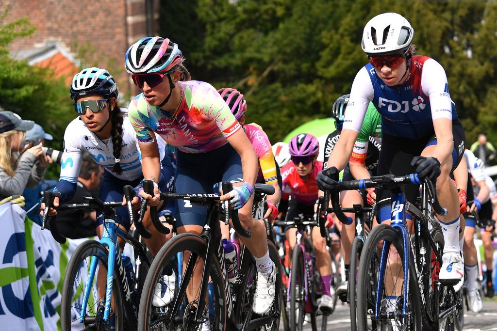 HUY BELGIUM APRIL 20 LR Arlenis Sierra Caadilla of Cuba and Movistar Team Katarzyna Niewiadoma of Poland and Team Canyon SRAM Racing and Brodie Chapman of Australia and Team FDJ Nouvelle Aquitaine Futuroscope compete during the 25th La Flche Wallonne 2022 Womens Elite a 1334km one day race from Huy to Mur de Huy FlecheWallonne FWwomen on April 20 2022 in Huy Belgium Photo by Luc ClaessenGetty Images