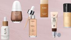 A selection of the best serum foundations included in this guide from the following brands: ILIA, Clinique, L'Oreal, Iconic London, IT Cosmetics and MAC, pictured on a purple watercolour paint-style template