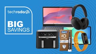 Collage of tech from the latest Amazon sale, including Sonos Ace headphone, Lenovo Chromebook, Samsung Tablet, Tefal Air Fryer, Oral-B toothbrush and Fitbit