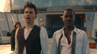 From left to right: David Tennant's Doctor and Ncuti Gatwa's Doctor standing side-by-side