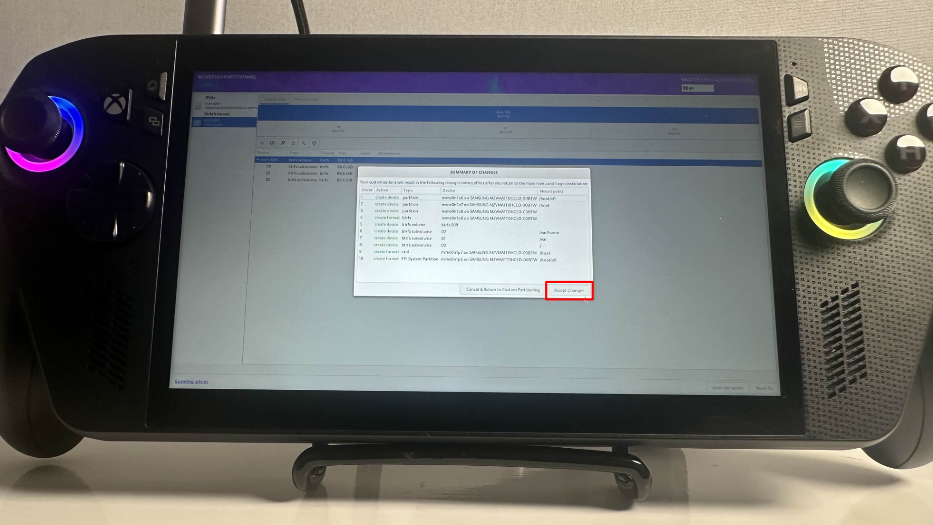 Accepting changes in the Bazzite install process when creating mounts.