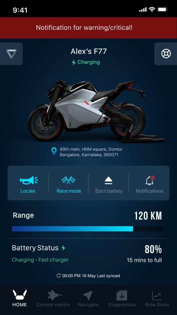 Ultraviolette F77 app interface
