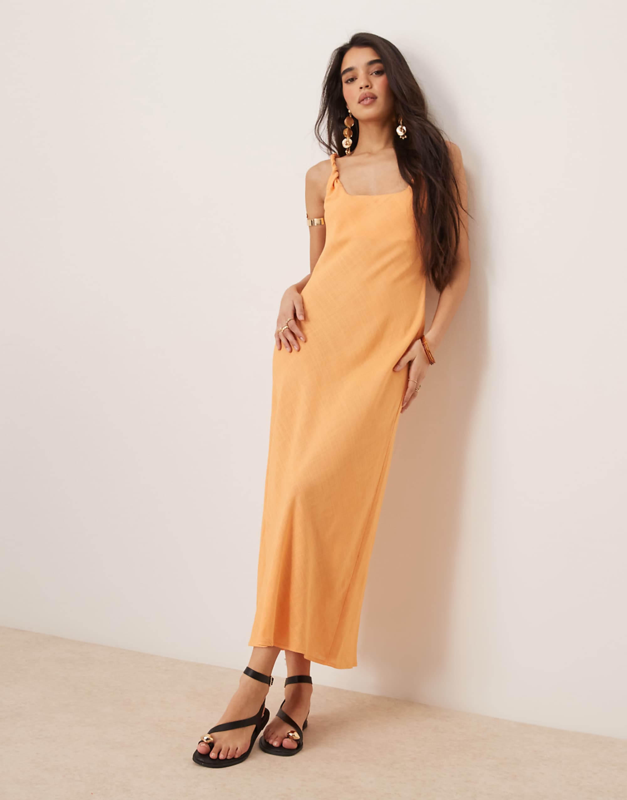 Asos Design Linen Look Twisted Strap Bias Cut Maxi Dress in Papaya