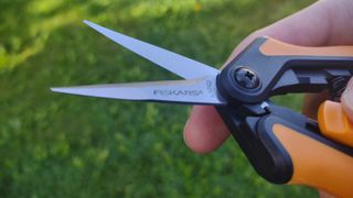 Close-up of the blades of the Fiskars SP13 Pruning Snips.