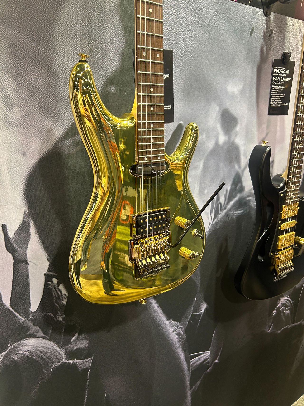 Seven of the guitars on display at Ibanez's booth at the 2025 NAMM Show in Anaheim, California