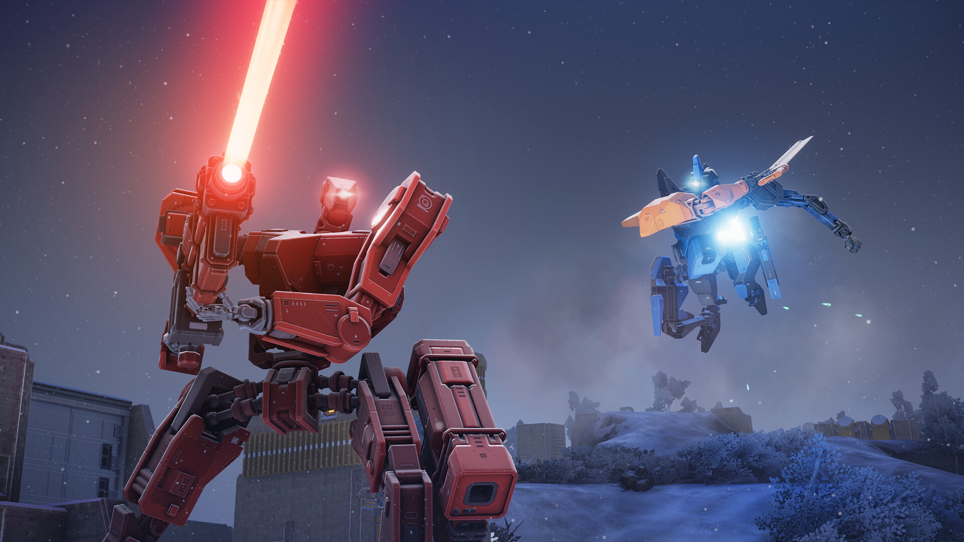 A red mech fires a laser in the foreground, as a blue mech leaps toward it from behind with a sword.