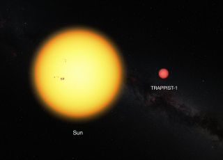 This image shows a size comparison between Earth's sun (left) and the tiny, ultracool dwarf star TRAPPIST-1 located 40 light-years from Earth. The star is home to three alien planets that may have the potential to support life.