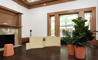 Room with fireplace with wooden mantelpiece, floors and windows and plants in terracotta pots