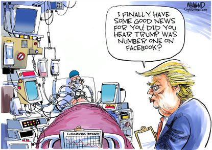 Political Cartoon U.S. Trump Facebook COVID-19 respirator daily briefing victims