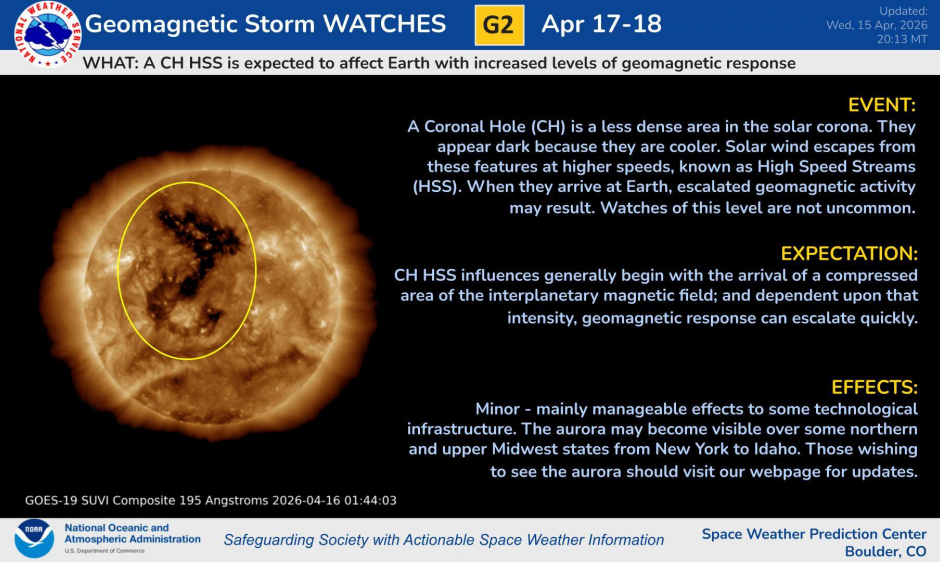 infographic detailing the geomagnetic storm watch issued for april 17-18.