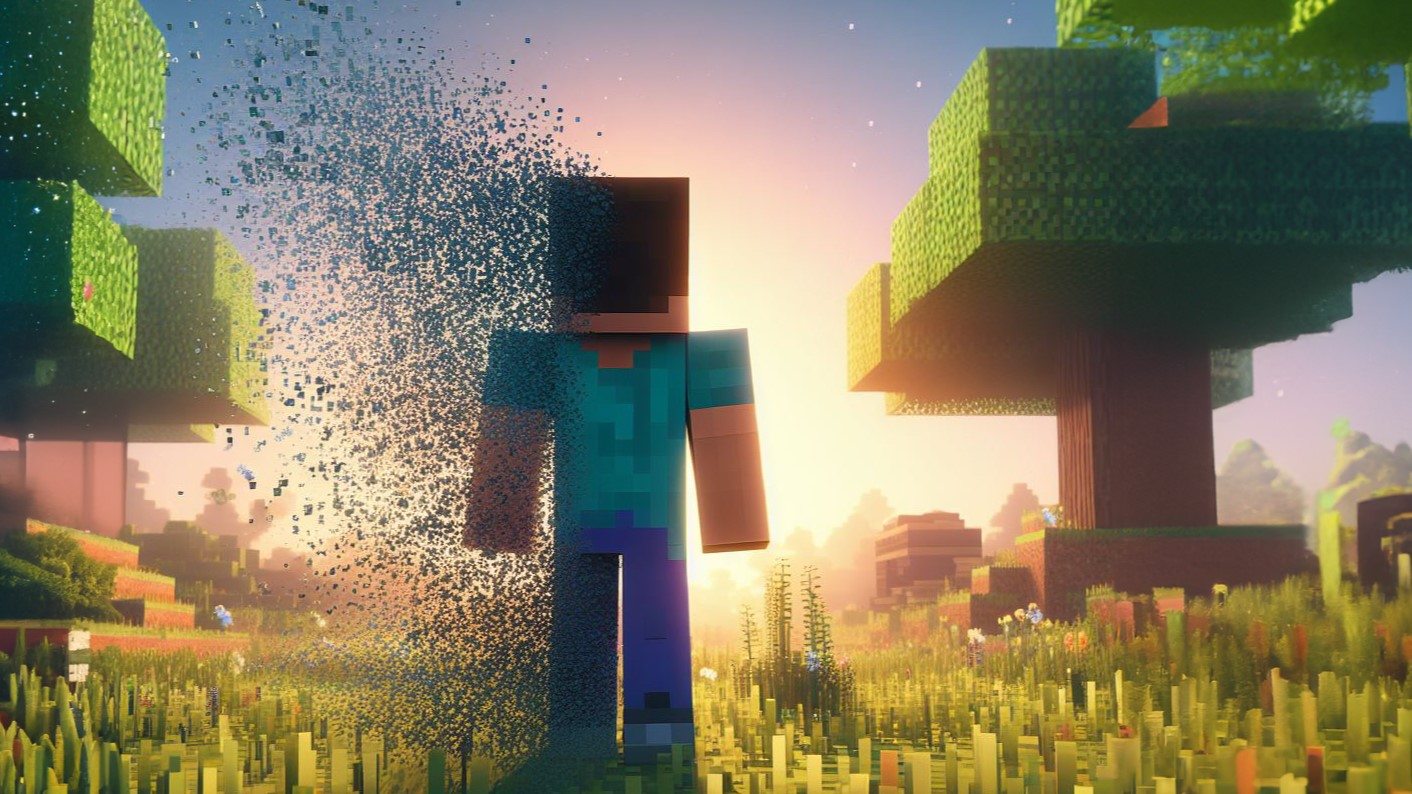Minecraft character looks out at their built world while fading away