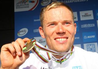 Thor Hushovd (Norway) shows off his new bit of gold.