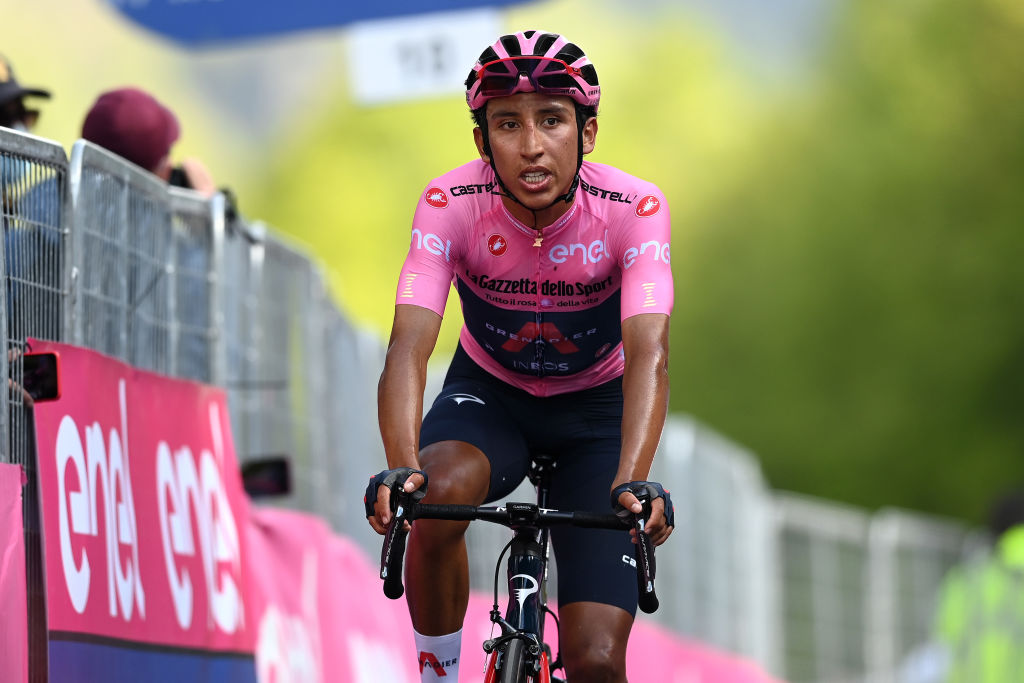 ALPE DI MERA VALSESIA ITALY MAY 28 Egan Arley Bernal Gomez of Colombia and Team INEOS Grenadiers Pink Leader Jersey at arrival during the 104th Giro dItalia 2021 Stage 19 a 166km stage from Abbiategrasso to Alpe di Mera Valsesia 1531m Stage modified due to the tragic events on May the 23rd 2021 that involved the Mottarone Cableway UCIworldtour girodiitalia Giro on May 28 2021 in Alpe di Mera Valsesia Italy Photo by Stuart FranklinGetty Images