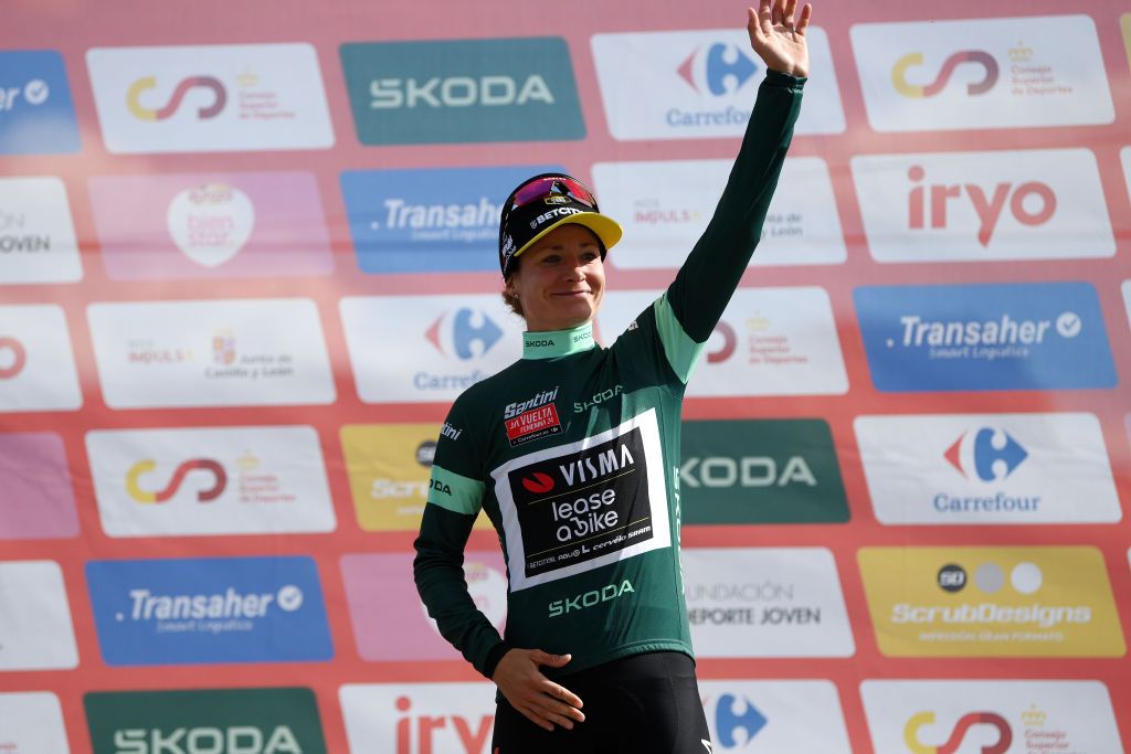 JACA SPAIN MAY 02 Marianne Vos of The Netherlands and Team Visma Lease a Bike celebrates at podium as Green Points Jersey winner during the 10th La Vuelta Femenina 2024 Stage 5 a 1139km stage from Huesca to Alto del Fuerte Rapitan Jaca 1103m UCIWWT on May 02 2024 in Jaca Spain Photo by Alex BroadwayGetty Images