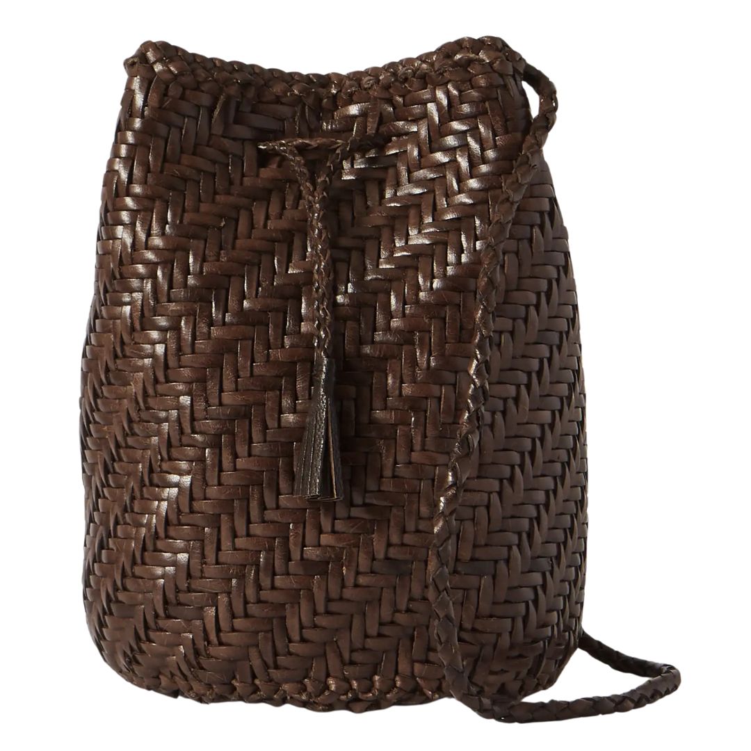 Dragon Diffusion Pom Pom Double Jump woven leather bucket bag