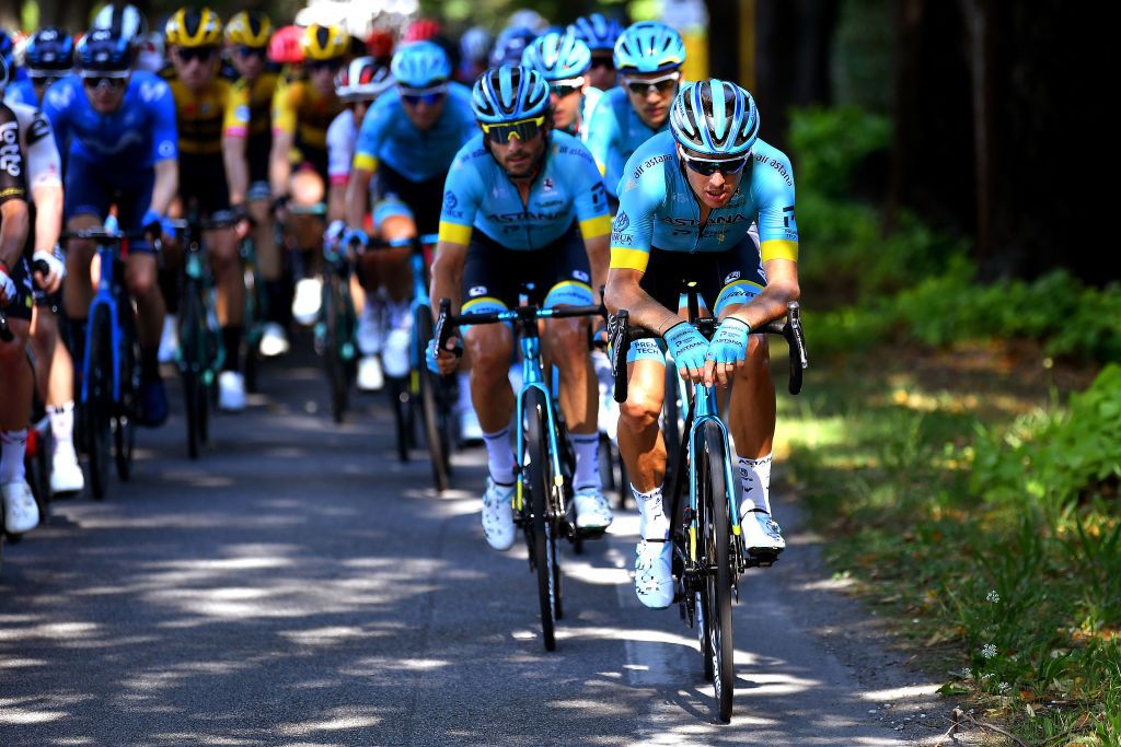 LIDODICAMAIORE ITALY SEPTEMBER 07 Jakob Fuglsang of Denmark and Astana Pro Team Manuele Boaro of Italy and Astana Pro Team during the 55th TirrenoAdriatico 2020 Stage 1 a 133km stage from Lido di Camaiore to Lido di Camaiore TirrenAdriatico on September 07 2020 in Lido di Camaiore Italy Photo by Justin SetterfieldGetty Images