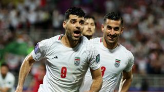  Mehdi Taremi #9 of Iran celebrates a goal ahead of the Iran vs Qatar AFC Asian Cup Semi-final 2024 