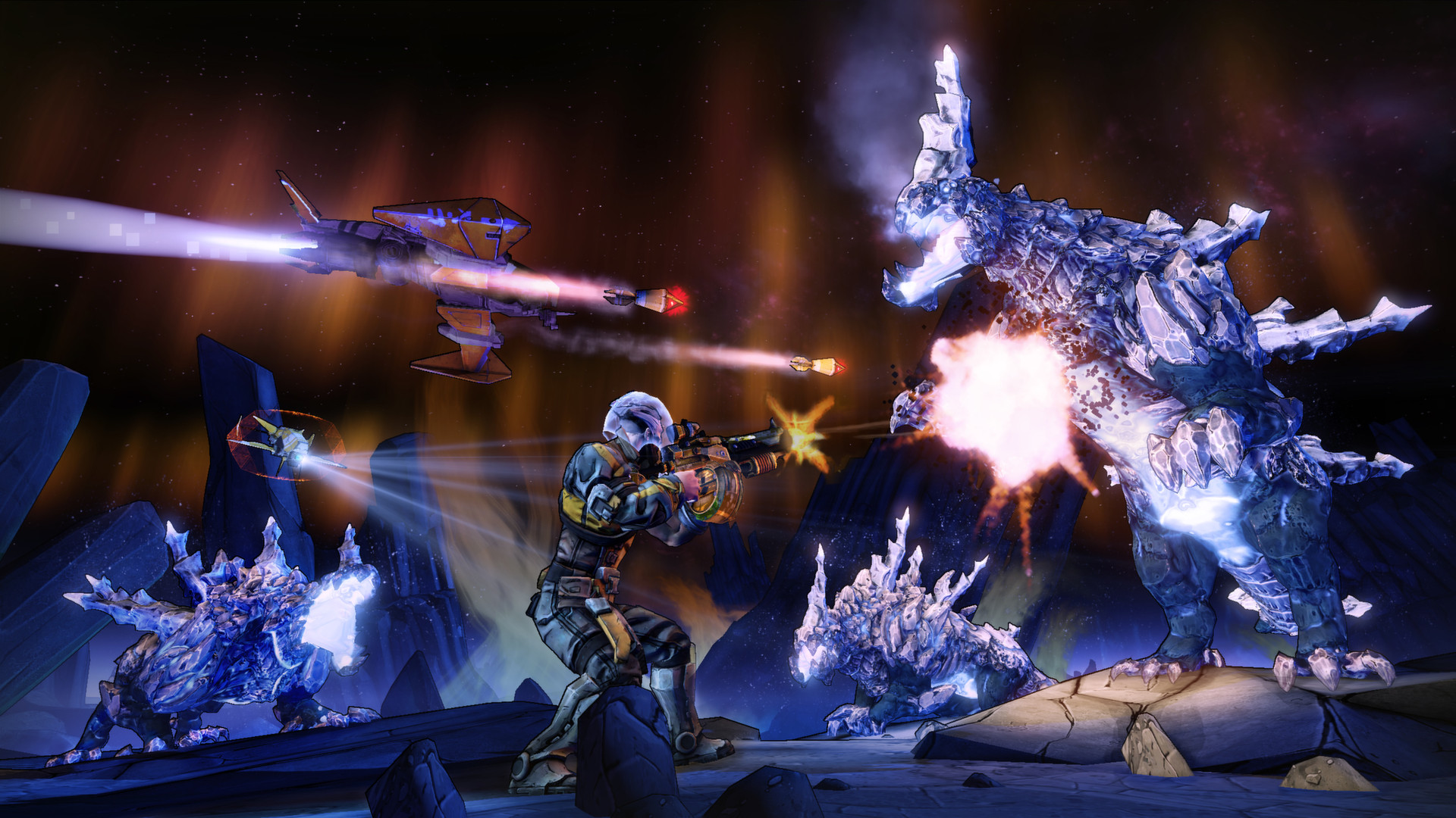  The Pre-Sequel. A person in an armored spacesuit and helmet is firing a machine gun at a giant dinosaur-like beast with rocky scales and spines. There are two more of these creatures lurking in the background. There is also a small spaceship in the sky that is firing missiles at the creature too.