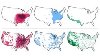 three U.S. maps show how the historic and current distributions of three soil-borne fungi differ now as compared to the 1950s. The fungi are color-coded red, green and blue and each show drastically more coverage in the current maps than previous