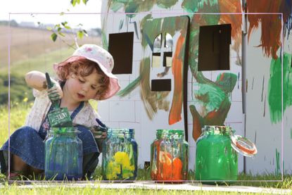 Kids paint outdoor toys illustrated by child painting