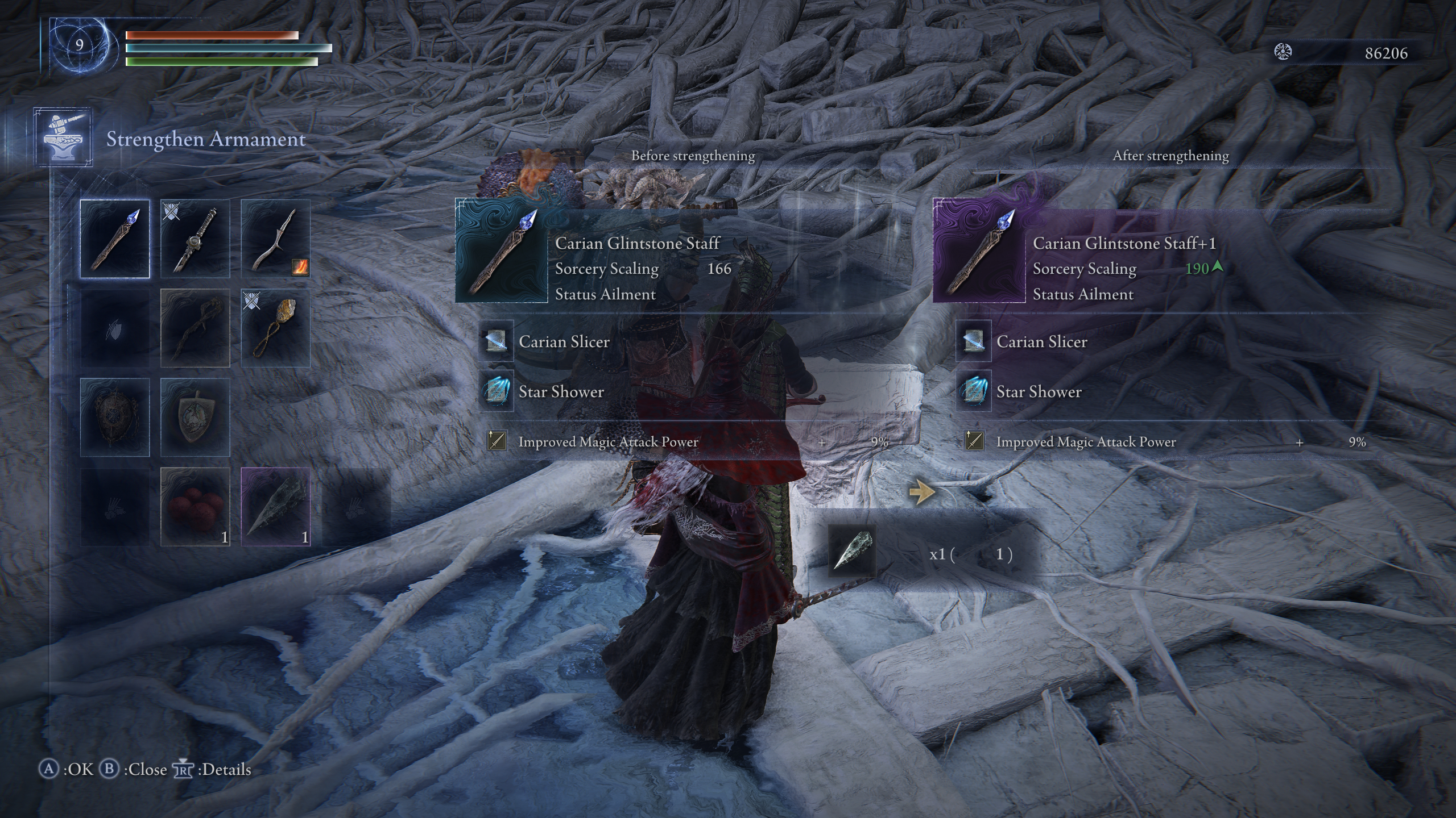 Elden Ring Nightreign weapon passives: A staff with a passive buff to magical attack power being upgraded.