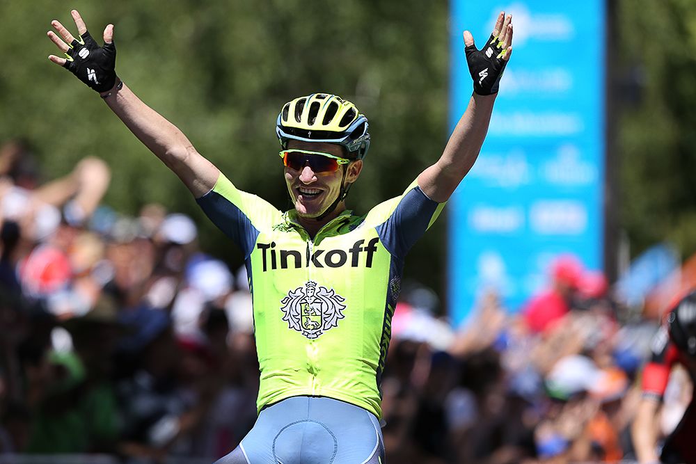 Jay McCarthy celebrates his stage 2 win at the Tour Down Under.