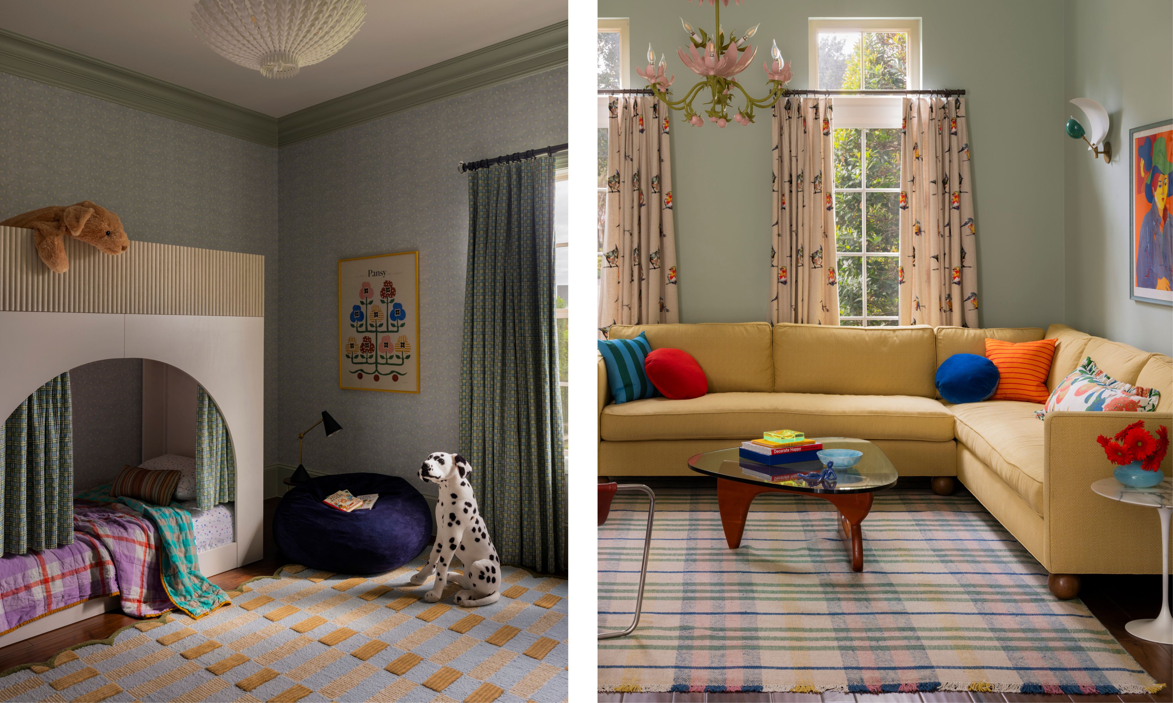 two side by side images of a kids bedroom and a family room