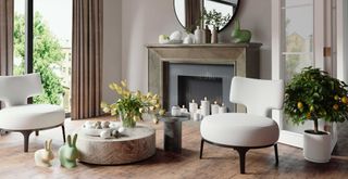 contemporary living room with simple Easter decor ideas that are mirrored by the same rabbit decorations on the floor