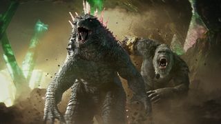 Godzilla and King Kong running next to one another in "Godzilla x Kong: The New Empire"