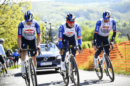 Belgian Remco Evenepoel of Red Bull-BORA-hansgrohe (C) pictured in action during a training and track reconnaissance session, ahead of Liege-Bastogne-Liege
