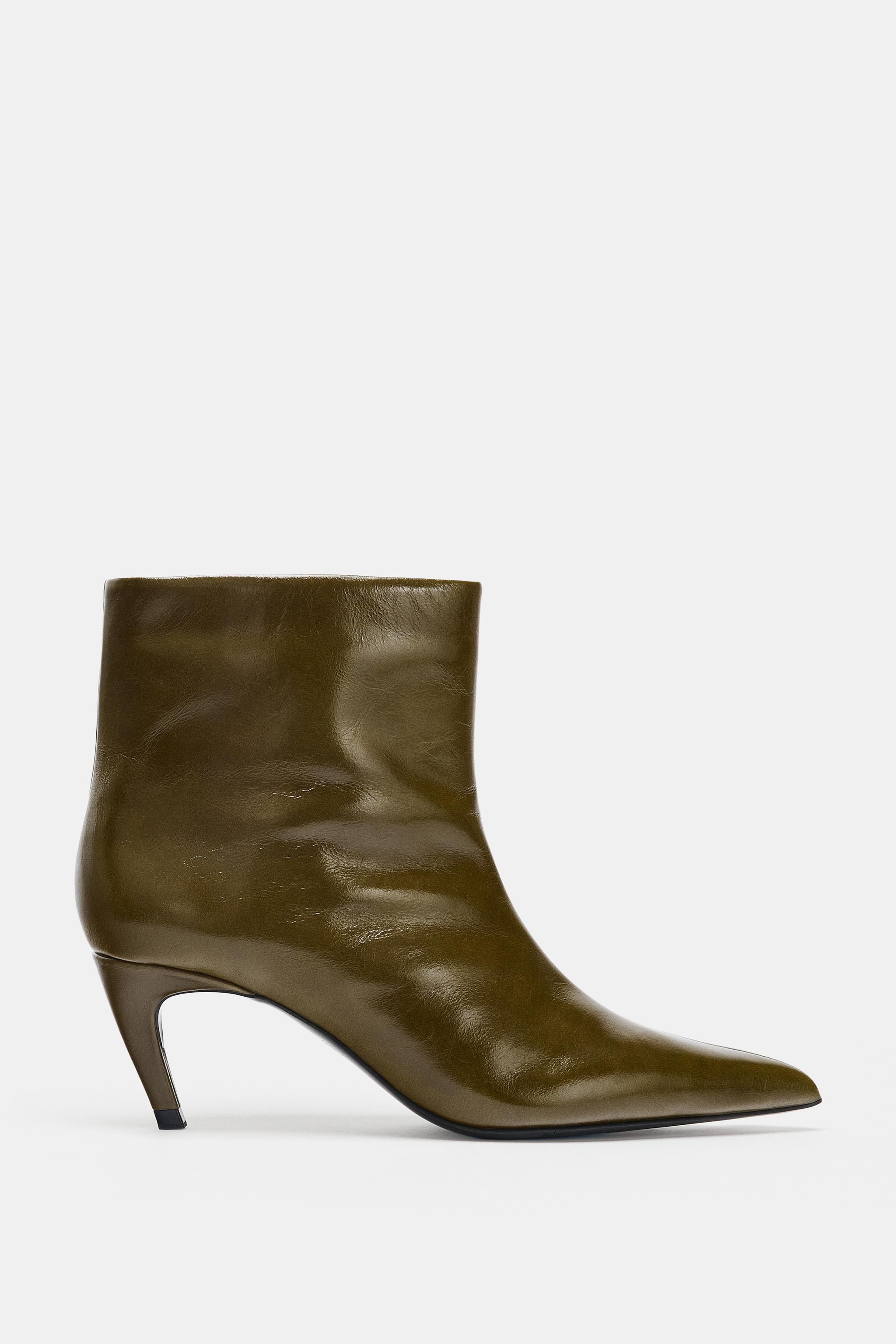 Leather Curved Heel Ankle Boots