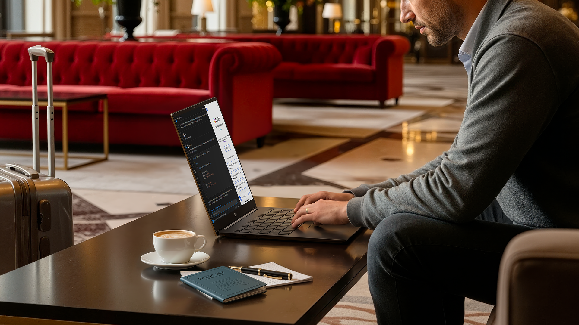 A man using an LG gram laptop in a hotel lobby