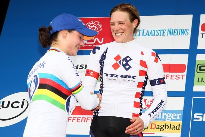 Vos is congratulated by Katie Compton.