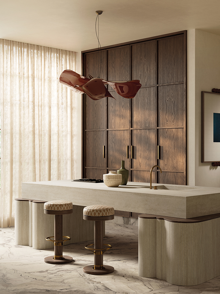 a modern kitchen with a travertine style stone island and wood cabinets