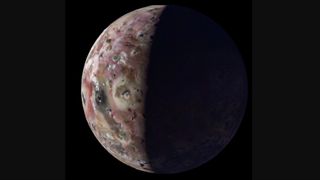 The JunoCam instrument on NASA’s Juno captured this view of Jupiter’s moon Io — with the first-ever image of its south polar region — during the spacecraft’s 60th flyby of Jupiter on April 9. 