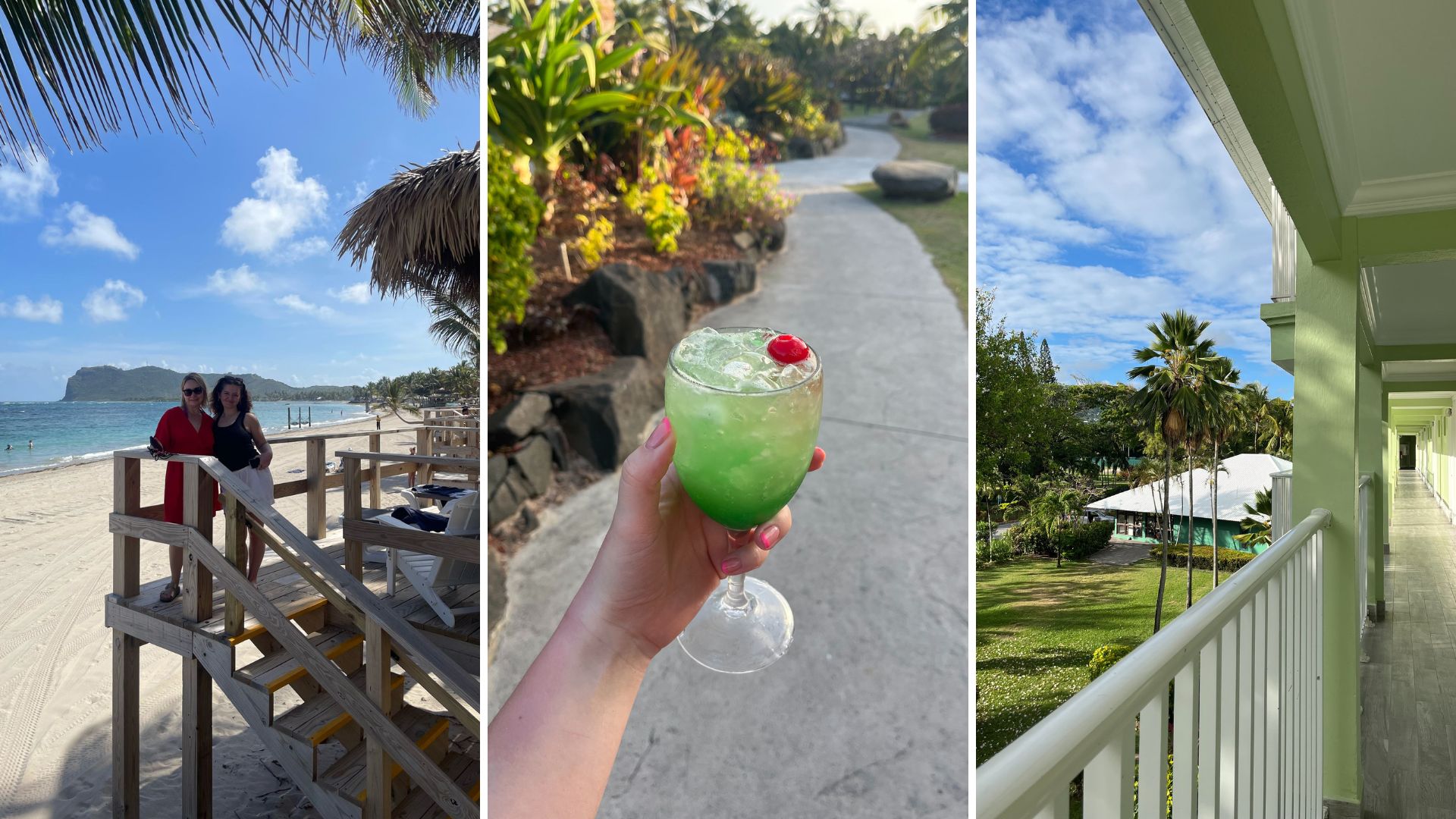 composite of me at cabanas, green cocktail and hallway of Harmony rooms