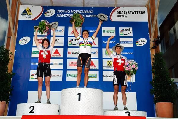 The women's marathon podium (L-R): Esther S&uuml;ss (2nd, Switzerland), Sabine Spitz (1st, Germany) and Petra Henzi (3rd, Switzerland).