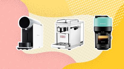 A selection of three pod coffee machines available in the UK: Morning coffee machine, Grind One and Nespresso Vertuo Pop in Aqua green color