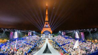 The Olympic flag is rasied at the Place du Trocadero in front of the Eiffel Tower during the Opening Ceremony of the Olympic Games Paris 2024