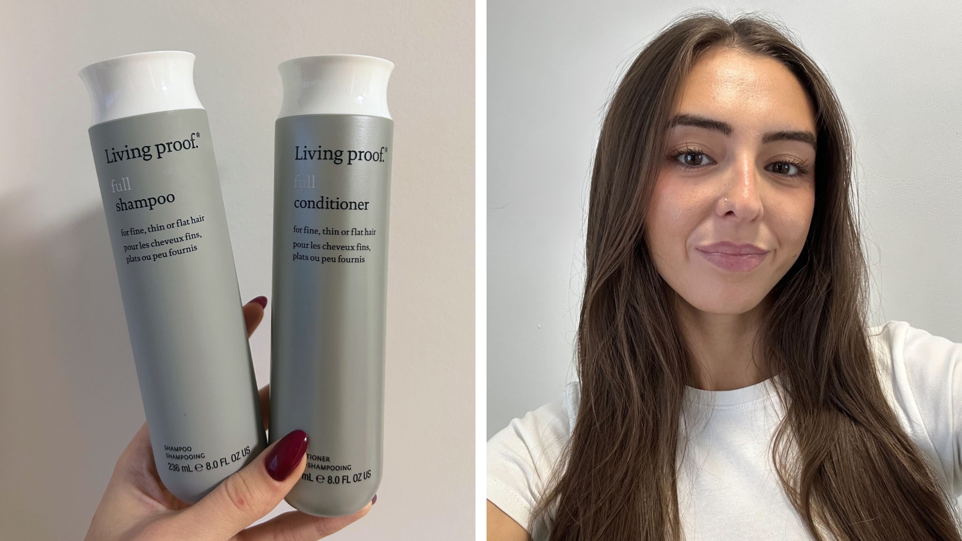 Hand holding Living Proof Full Shampoo and Conditioner on the left, on the right an image of Sennen Prickett with freshly washed hair