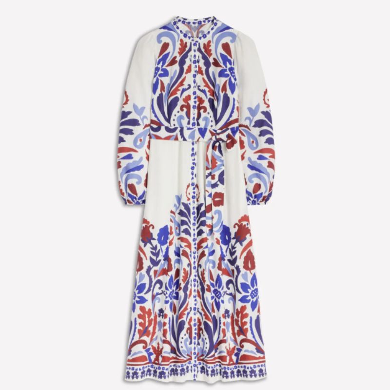 printed linen dress, white base with blue and brown print