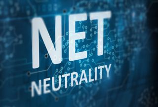 The word net neutrality on an abstract technological background